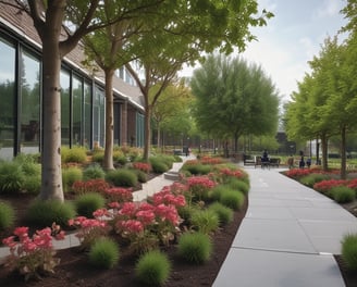 A lush, green garden filled with various types of tall coniferous trees and shrubs under the warm glow of sunlight. The landscape includes a manicured lawn and rock arrangements, evoking a sense of tranquility and natural beauty.