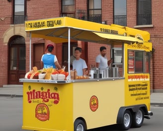 A street food cart is parked on a wet city street, illuminated by vibrant lights with a focus on a display case containing snacks like popcorn. The background features blurred vehicles and buildings, creating a lively urban atmosphere.