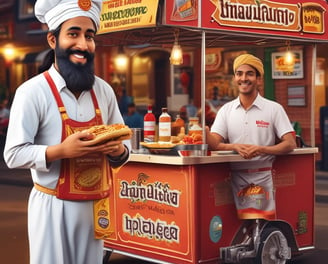 A street vendor stands behind a wooden cart filled with a large tray of golden fried snacks, likely pakoras, topped with green herbs. He is positioned in a bustling market street, surrounded by various shops and stands displaying different goods. People are walking and cycling in the background, hinting at a vibrant and busy atmosphere.