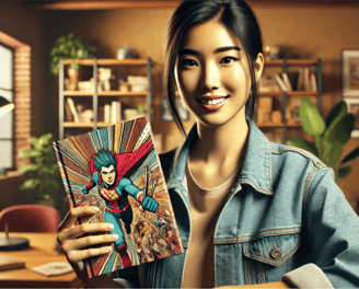 a woman holding a comic book and a comic book