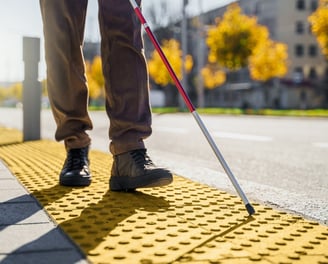 A worker walking to work who is using a white-cane to identify a boundary of truncated domes.