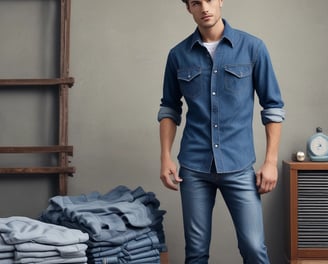 Close-up view of denim fabric showcasing detailed stitching and texture. The fabric appears wrinkled, with visible seam lines and a small fabric tag.