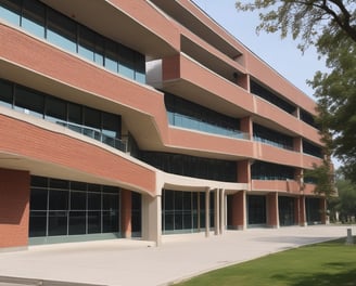 A modern university building with three flagpoles, two displaying flags, in front of its entrance. The building has a sleek design with clean lines and a neutral color palette. The name 'Trnavska Univerzita' and a seal are visible on its facade.