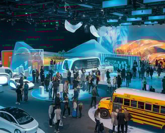 a group of people standing around a bus