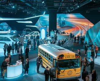 a school bus parked in a showroom