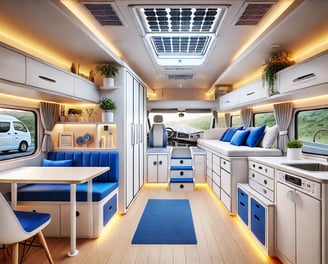 a camper van with a table and chairs