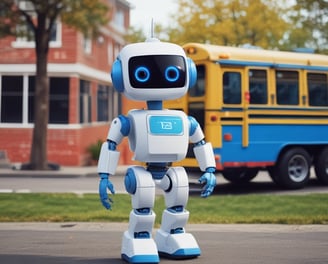 a robot toy that is standing in front of a school bus