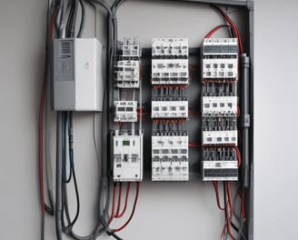 A row of multiple electrical meters and panels is mounted on a brick wall. The setup includes several round meters with clear covers, metal conduits, and electrical boxes. The equipment is organized and securely installed.