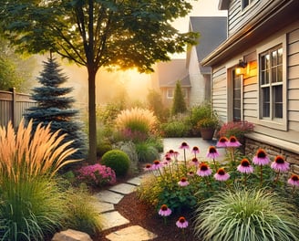 a garden with a pathway leading to a house