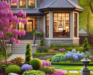 a house with a garden and a fountain