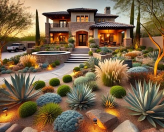 a house with a fountain in the middle of a garden