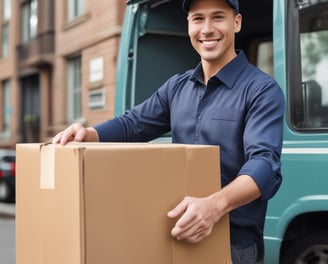 a man in a blue shirt is holding a box of boxes