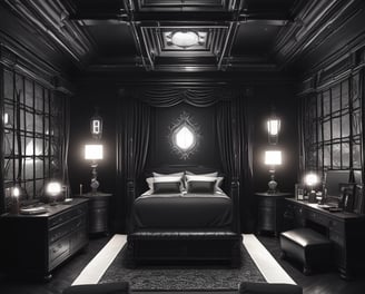 A black and white photograph featuring a person with long hair, wearing lingerie, seated or reclining on a bed with a wooden headboard. Tattoos are visible on their arm and torso. The bedding appears to be white.