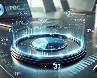 Dashboard holográfico mostrando el análisis de una campaña de publicidad PPC en Amazon
