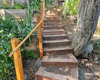 a wooden redwood pathway in a garden beside a tree