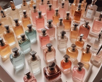 Multiple bottles of fragrance oil are neatly arranged on wooden shelves. The bottles vary in size and have labels with text both in English and another language. The lighting is warm, highlighting the sleek, dark-colored containers.