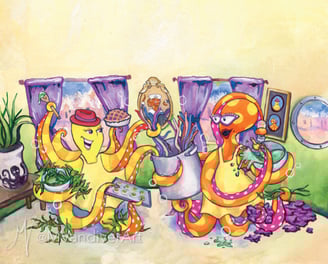 Illustrations from The Octopus's Holiday by New Orleans artist Melissa Vandiver.
