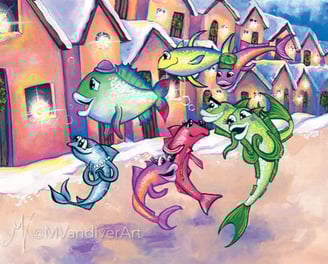 Illustrations from The Octopus's Holiday by New Orleans artist Melissa Vandiver.