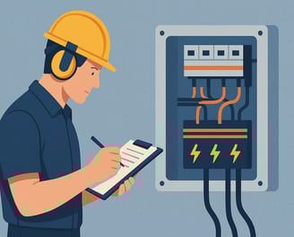 Imagem mostra uma pessoa com uma prancheta, realizando um laudo na frente de um quadro elétrico