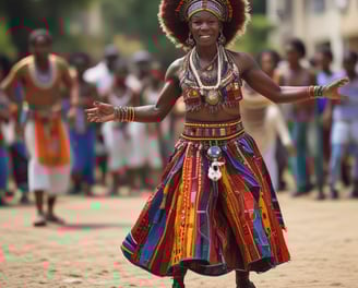 A joyful group of people is gathered at a cultural event. A person dressed in elaborate traditional attire, adorned with floral and intricate headpieces, is at the center. The surrounding individuals are smiling and appear to be celebrating. The atmosphere is festive, with colorful decorations.