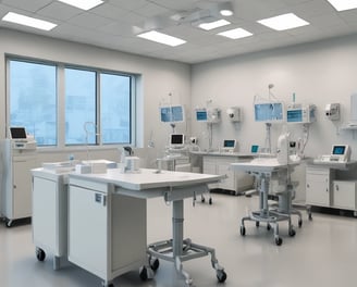 A medical device is positioned against a plain background. The machine features a screen displaying various icons and controls, likely for diagnostic purposes, and an apparatus for eye examination.
