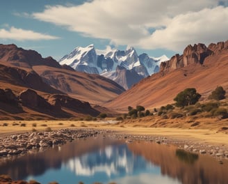 una escena de montaña con un lago y montañas en el fondo