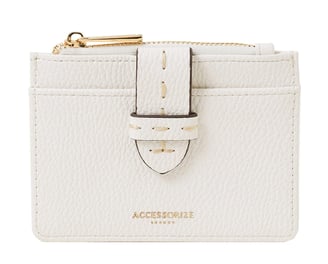 a white card case with a gold buckle