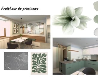 planche d'ambiance pour une cuisine sur mesure avec des matériaux naturels