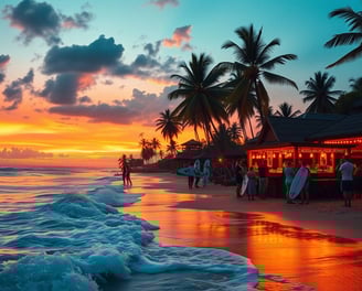 a beach with people standing on the sand