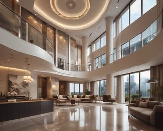 A modern architectural design featuring a series of large glass panels set in a geometric pattern. The structure includes strong lines and angular shapes, creating an expansive and airy space with natural light streaming through the transparent ceiling.