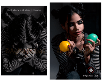 Diptych of a girl with balloons while the other half had head down, holding her face in sorrow.