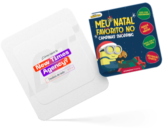 Materiais gráficos da New Times Agency e Campinas Shopping com identidade visual temática