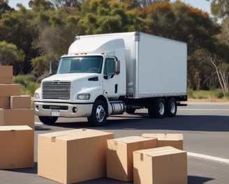 A large moving truck is parked on a residential street in front of a house with beige siding and white garage door. The truck is branded with 'Los Angeles Transfer And Storage,' featuring contact information and graphics of a city skyline. The sky is overcast, and the street is empty.