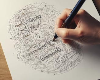A person is practicing calligraphy on a white sheet of paper using a blue and black dual-tip marker. The writing appears artistic and smooth. The person is wearing a black shirt, and there is a watch on the wrist. Various blank sheets are scattered nearby on the table.