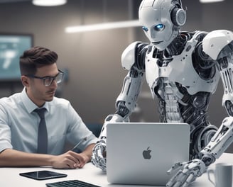 A small, white humanoid robot with blue accents, including eyes, mouth, and a circular badge with the letters 'AI' on its chest, is positioned in front of a blue laptop on a metallic surface. The robot has a simple, smooth design with two cylindrical arms and a small antenna on top.