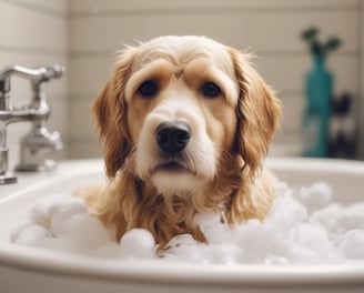 A small, fluffy dog with a gray and white coat is standing on a grooming table, attached with a blue harness. The room is well-lit with large windows and contains grooming equipment including dryers and a pair of scissors. Another dog, partially visible, is on a similar table in the background.