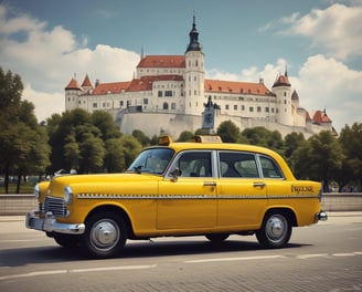 A taxi car on the road in front of Bratislava castle 