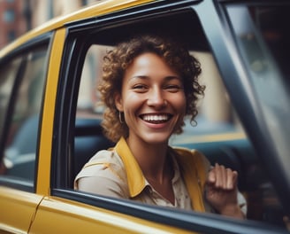 A yellow taxi with the label 'iTAKSi Kolay Taksi' is parked on a busy urban street. The car's branding includes a logo and QR code. A woman inside the taxi is smiling, while people are walking on the sidewalk behind the car. The scene suggests a typical city environment with shops and pedestrians.