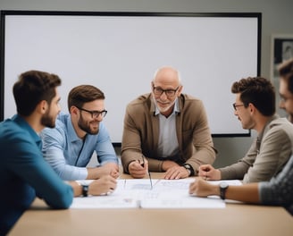 Three people are in a meeting room. One person is standing and pointing to a whiteboard filled with diagrams and flowcharts, while the other two are seated at a table with laptops and notebooks. The atmosphere appears focused and collaborative.