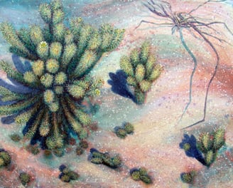 Acrylic painting of Cholla Cactus on the desert floor in California