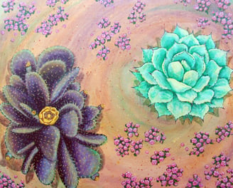 Acrylic painting of a Purple Prickly Pear Castus and a Silver Star Cactus on the desert floor