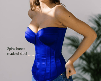Blue Satin Corset – Waist Trainer Overbust with Steel Bones | Demiano