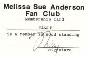 Melissa Sue Anderson Fan Club membership card