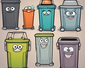 Two trash bins, one black plastic with a rectangular lid and the other a metallic barrel, are placed next to each other against a dark wall. A red wooden door and a broom are visible nearby, with scattered debris and dirt on the ground.