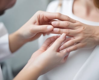 A person wearing blue gloves is holding a nail file labeled 'Analiese Linx Professional Cosmetics.' Another person with a pink sleeve and visible wristwatch is reaching out, suggesting a manicure or nail care session. The background displays a partially visible graphic or logo on a t-shirt.