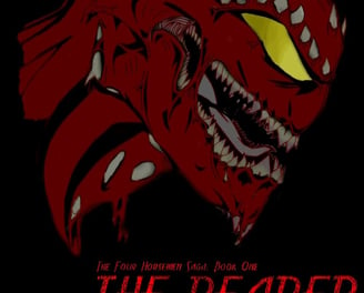 a red and black poster with a demon face