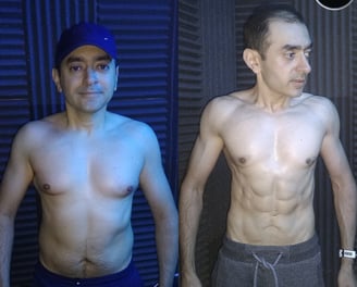 A before and after gym body transformation of a man in his 40s with his top off showing his muscles