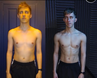 A before and after gym body transformation of a slim man in his 20s with his top off and a 6 pack