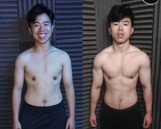A before and after gym body transformation photo photo of a man in his 20s with his top off