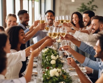 group of diverse people celebrating evening time wedding rehearsal dinner with a cheers.